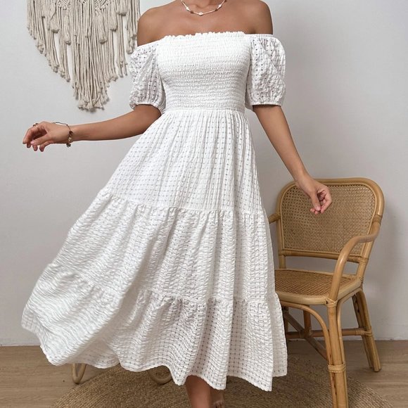 White Boho Off Shoulder Shirred Detail Puff Sleeve Ruffle Hem Maxi Dress - Picture 4 of 7